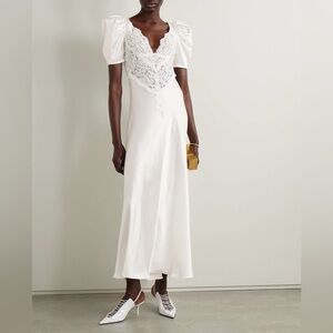 Rodarte white silk puff sleeve lace detail long dress